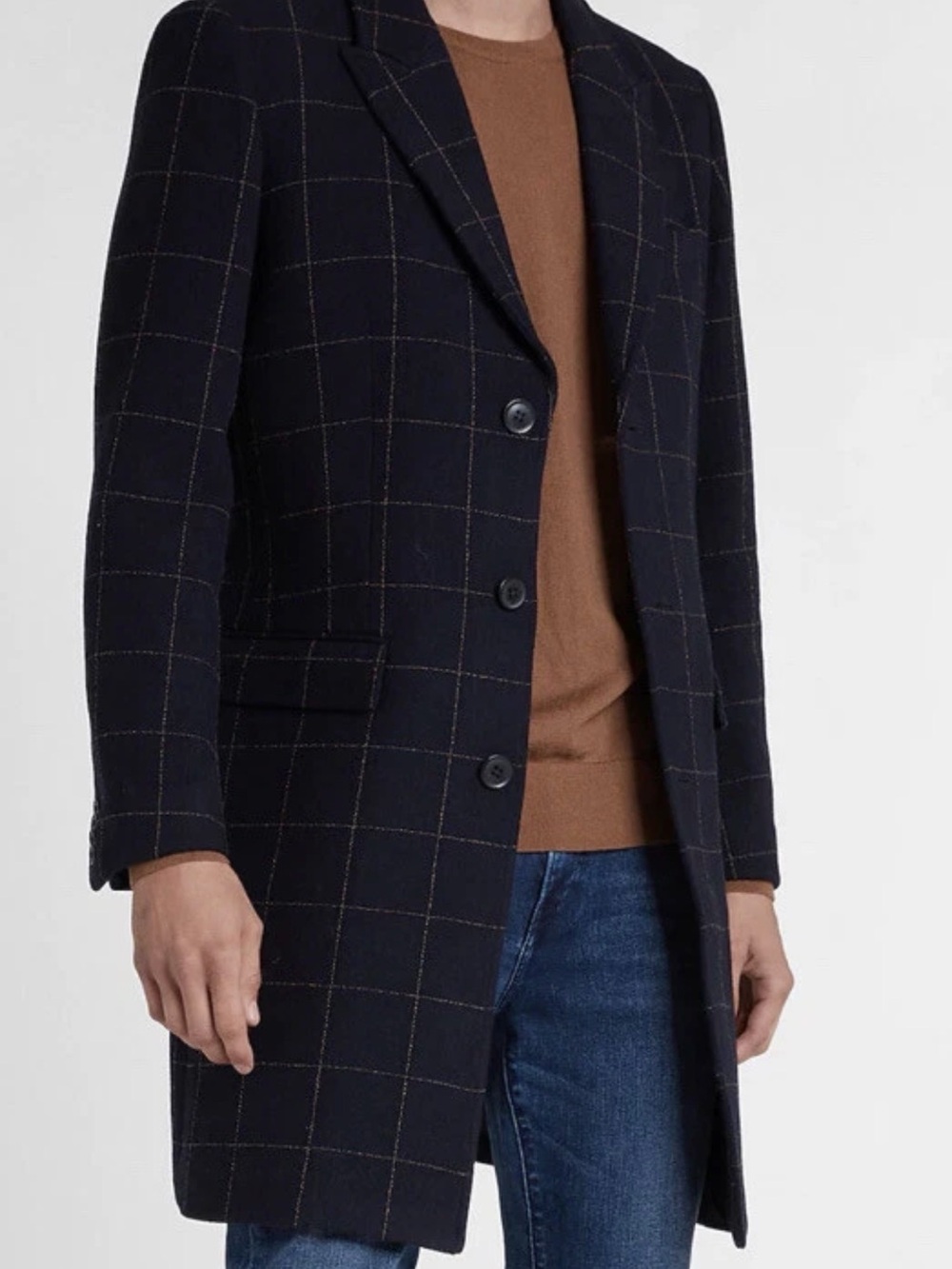 Express Men's Window Pane Printed Wool-Blend Topcoat - Navy Blue/Brown - NWOT